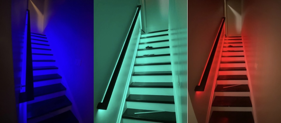 RGB color changing recessed lights installed in a Toronto hallway