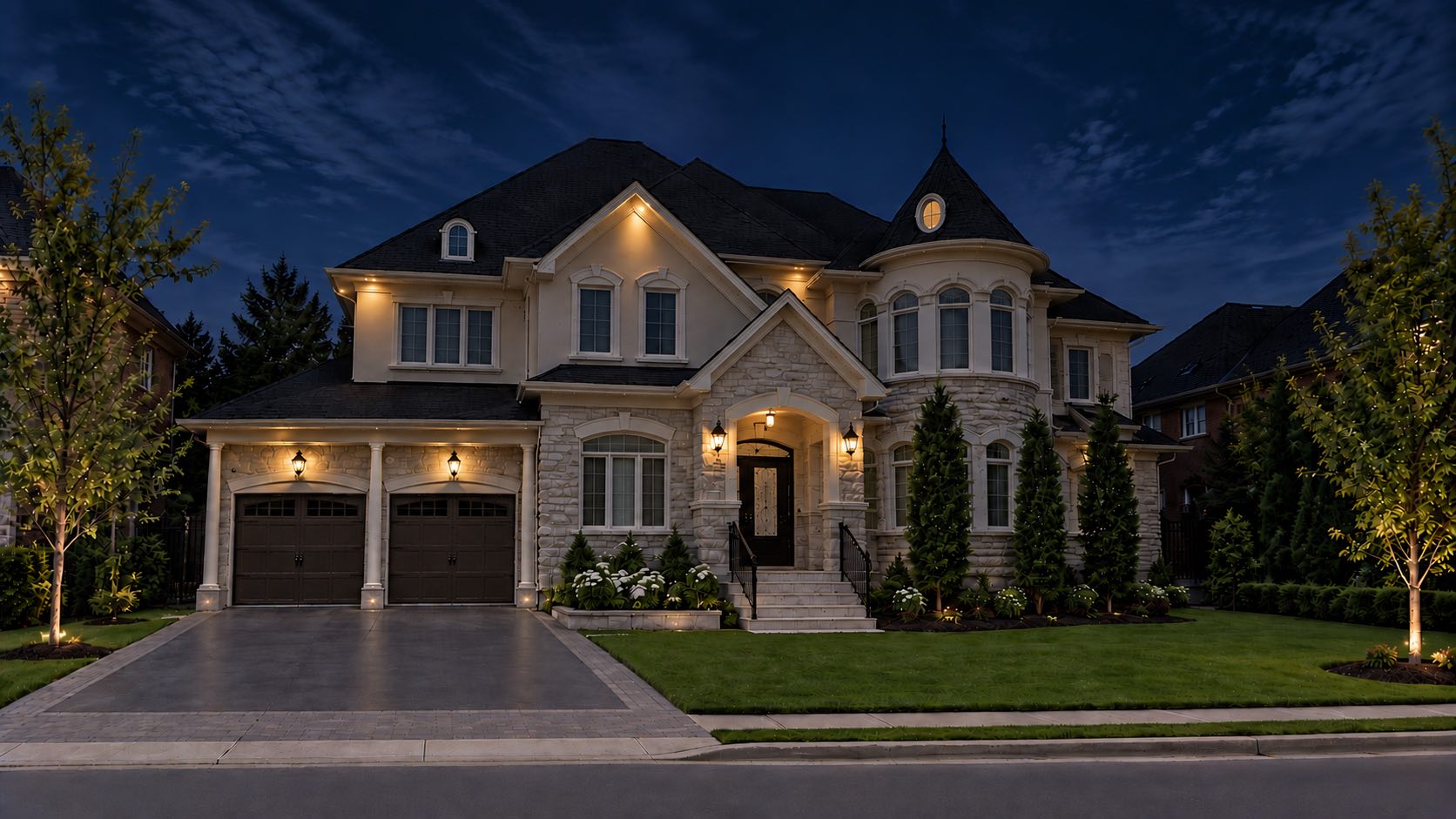Outdoor pot lights illuminating a luxury home in Toronto
