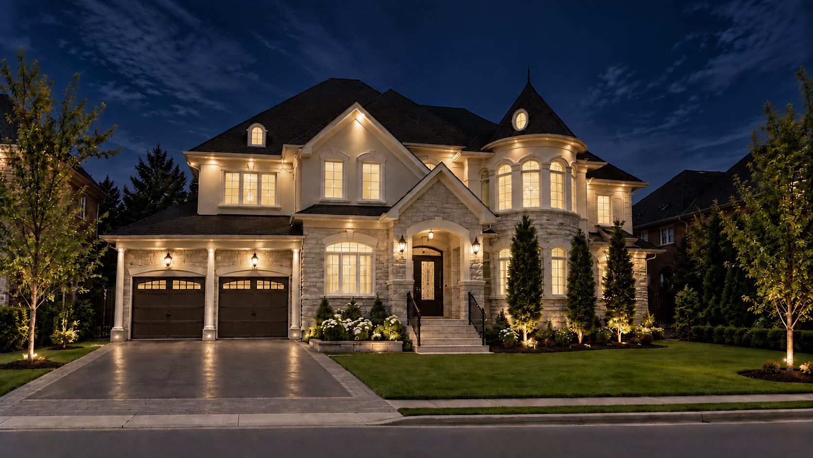 Fully illuminated home with exterior pot lights in Toronto