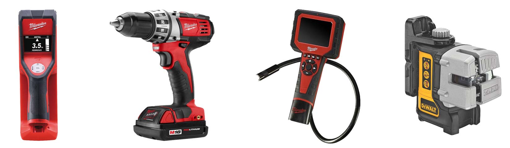 Professional tools used by Pot Lights Toronto for pot light installation, including stud finder, drill, inspection camera, and laser level